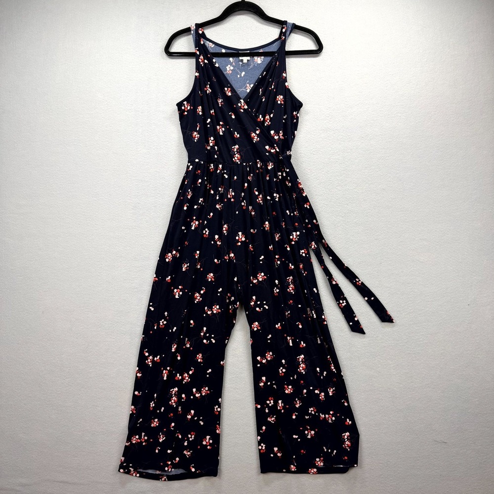 Kayleigh One-Piece Jumpsuit Womens Medium Navy‎ Floral Stretch Faux Wrap V-Neck